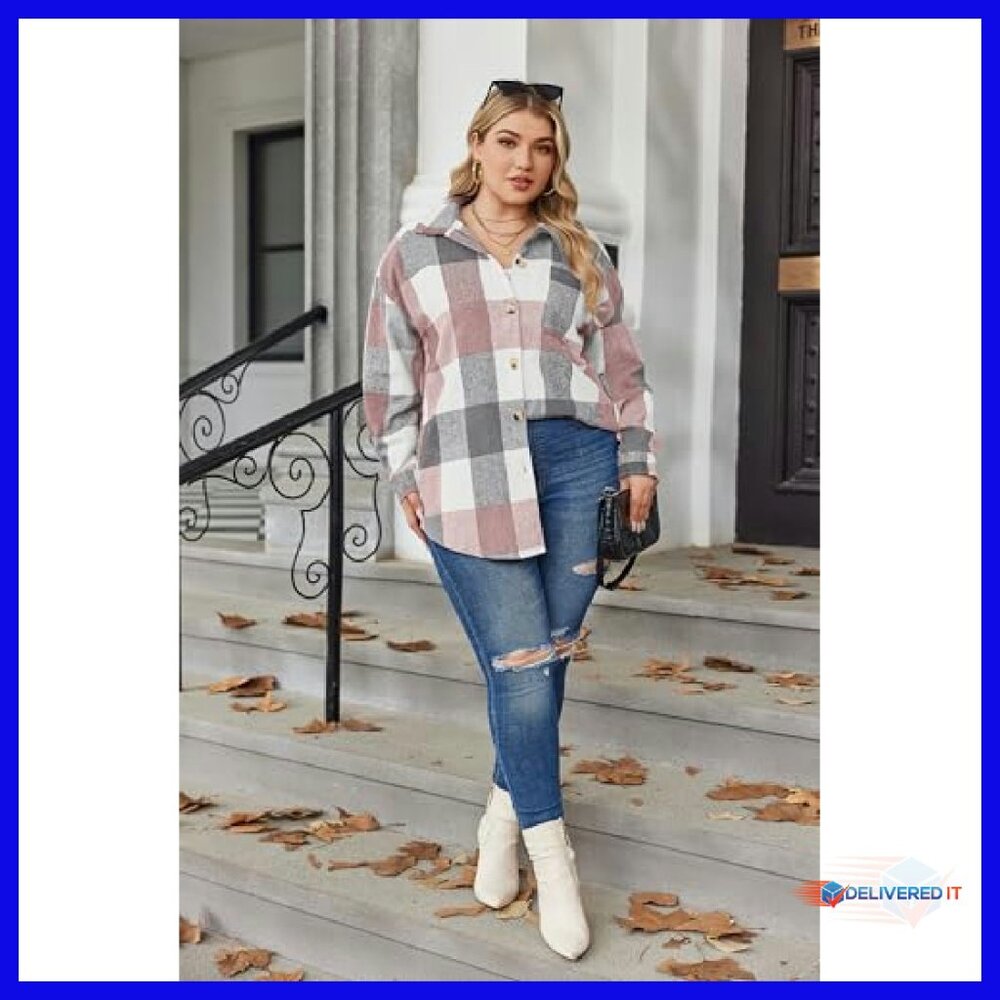 Plus Size Plaid Flannel Shacket Button Down Long … - image 4